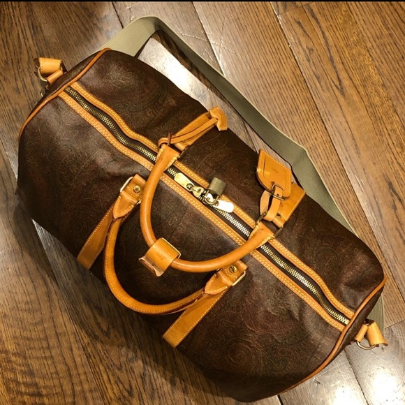 METRO MILANO Paisley Coated Canvas Vachetta Leather Boston Shoulder Weekend Bag - Picture 4 of 17
